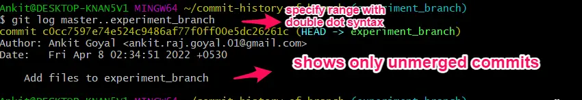 git commit history para la sintaxis de la rama doubledot