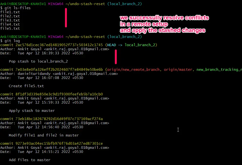 éxito de la configuración remota de git stash pop