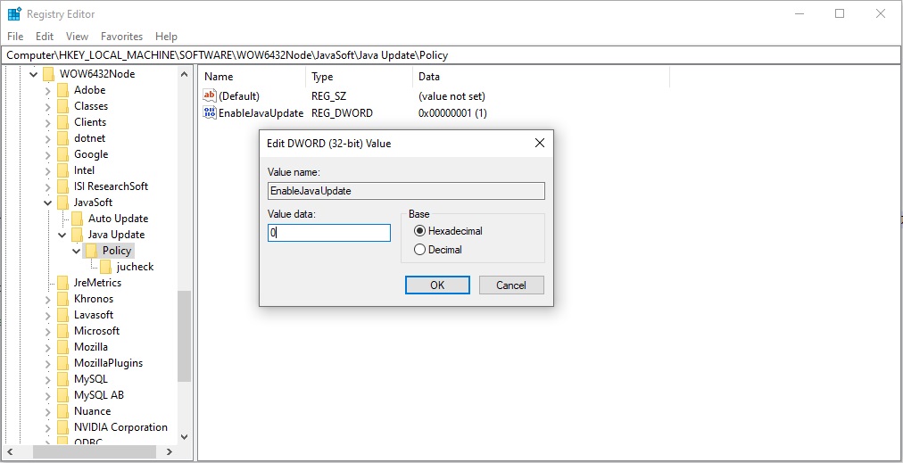 Regedit JavaEnableUpdate