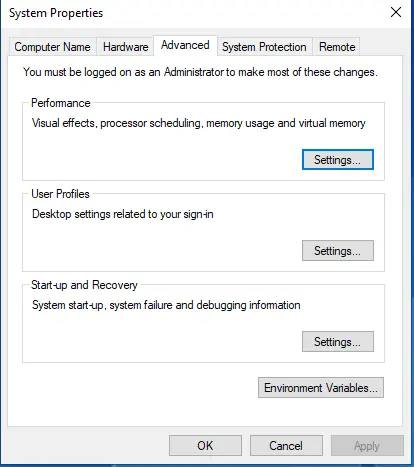 System properties popup