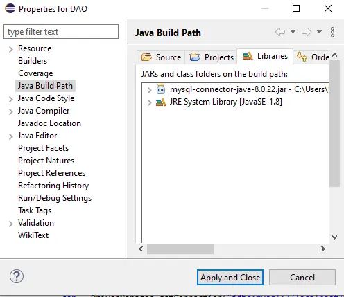 configuration du chemin de construction des fichiers jar