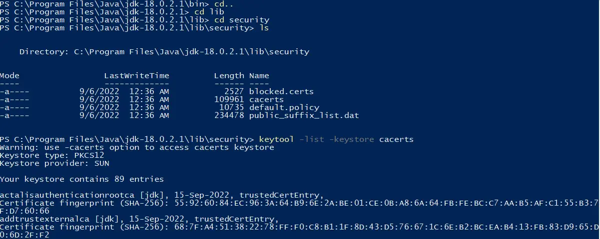 cacerts vs Java のキーストア - 出力