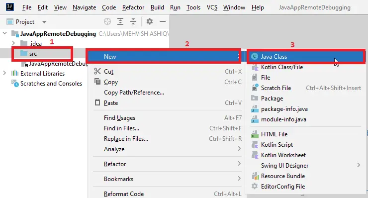 depuración remota de java - crear clase java