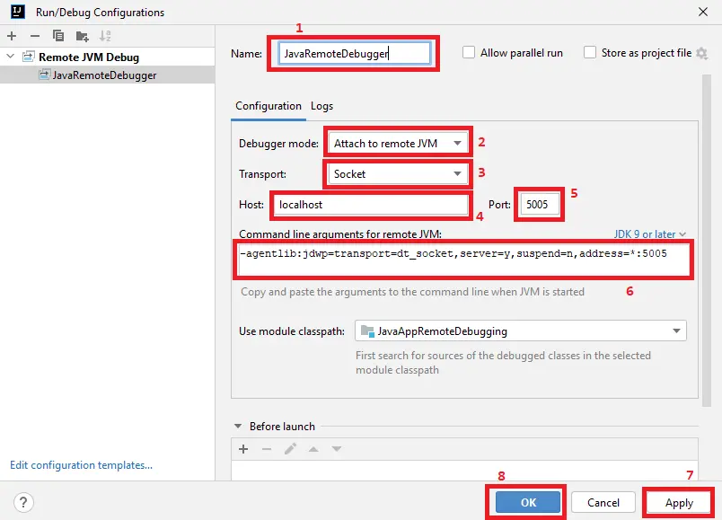 Depuración remota de Java: configuración de la pantalla tres del depurador