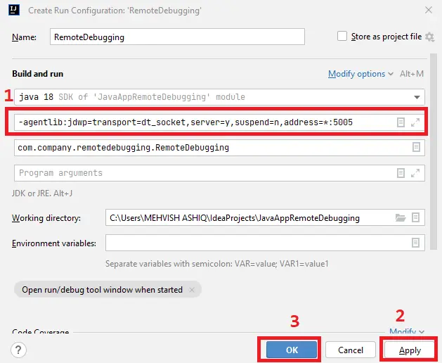 java remote debugging - setup host app screen two