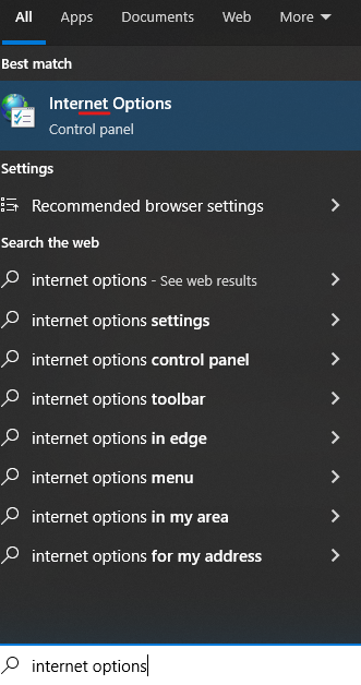 Open inter options in start menu