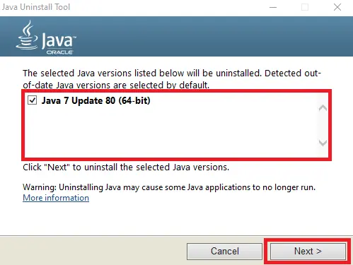 Lösung drei wählt alle Java-Versionen aus