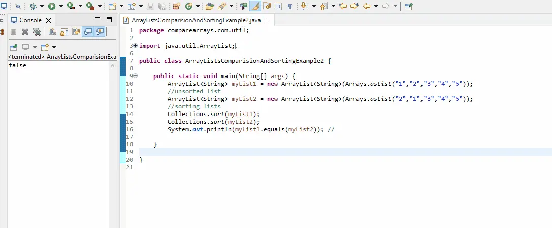 sort array lists before comparing them