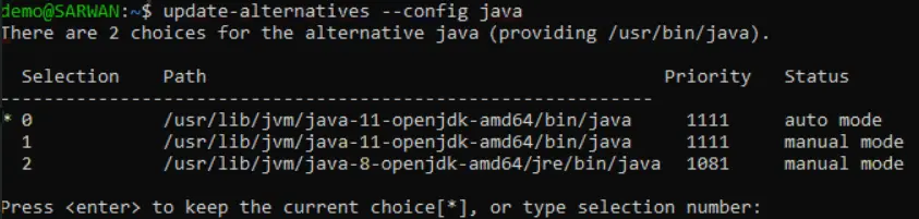 update-alternatives &ndash;config java