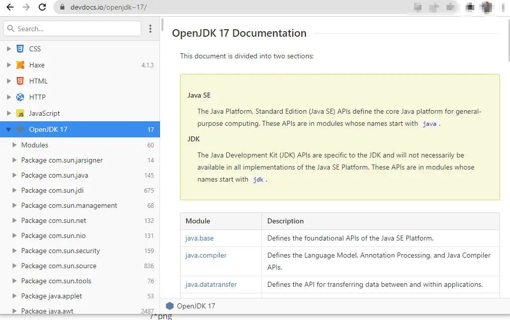 user interface of devdocs offline reader of javadoc