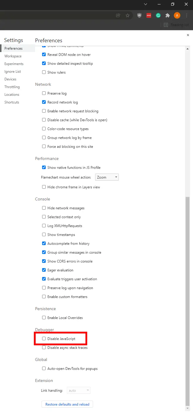 Developer Tools Disable JavaScript Checkbox