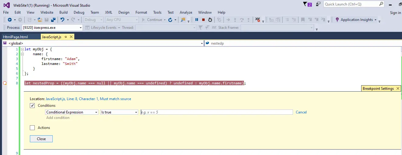 add conditions or actions on the breakpoint