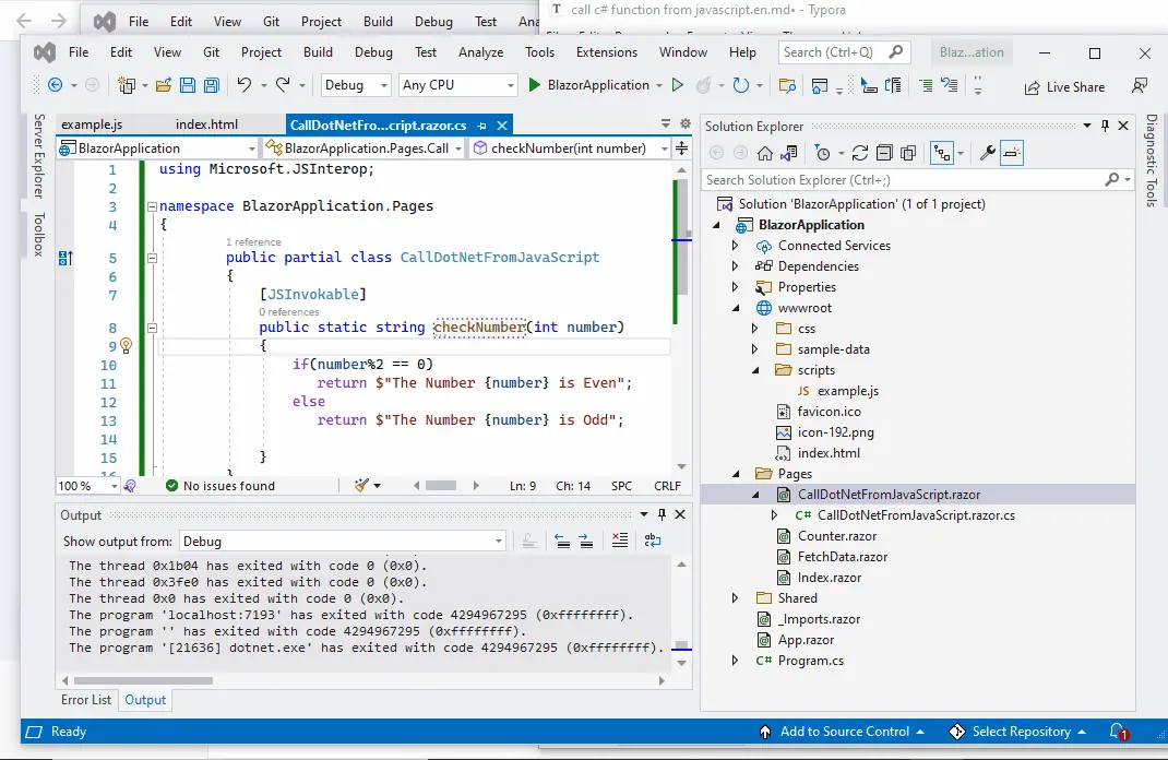 call c# function from javascript - output