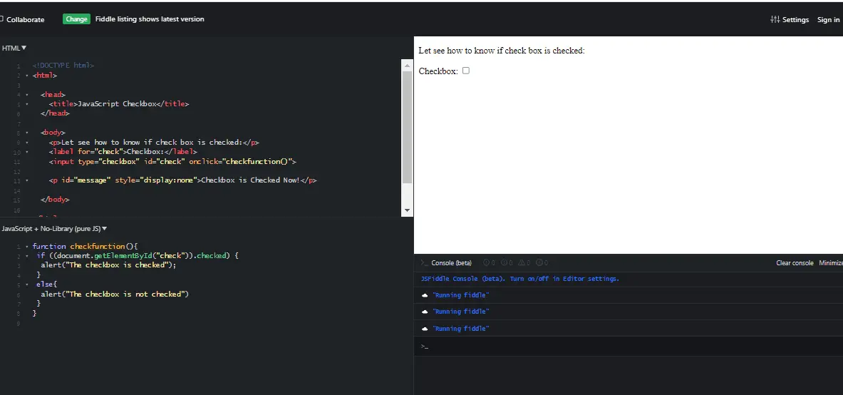 display text when checkbox is checked in javascript- checkbox checked property output part two