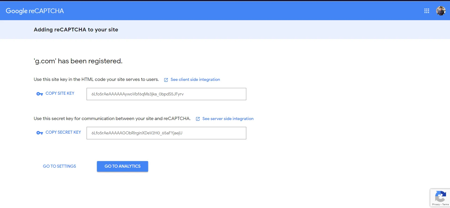 提交詳細資訊後獲取 Secret-Key 和 Site-Key