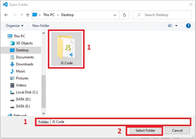 how to run javascript code in visual studio code - select folder to open