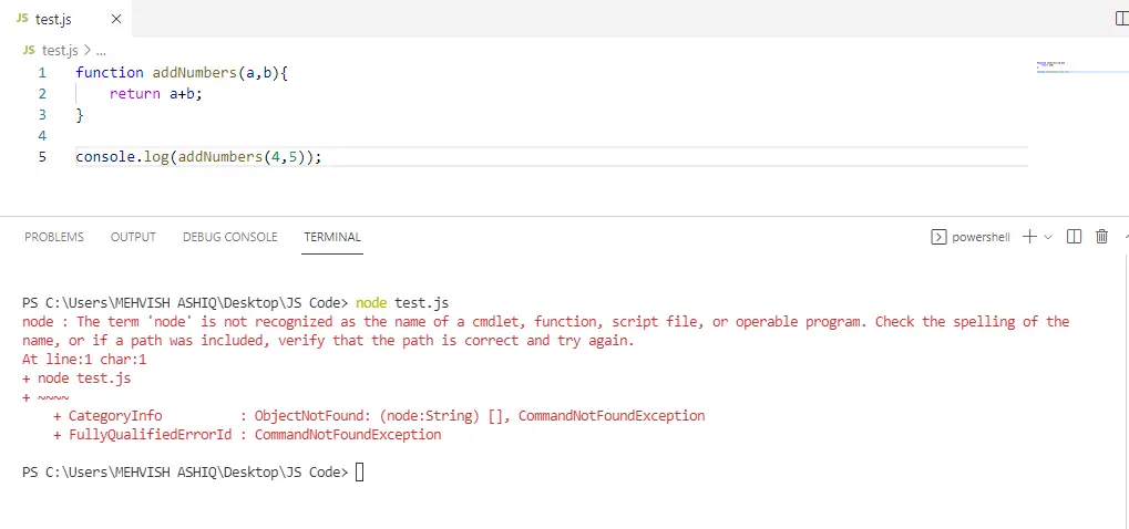 如何在 Visual Studio 程式碼中執行 javascript 程式碼 - 終端錯誤