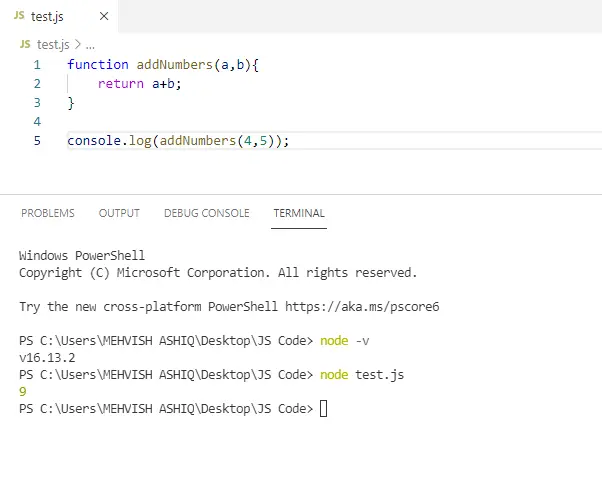 how to run javascript code in visual studio code - terminal output