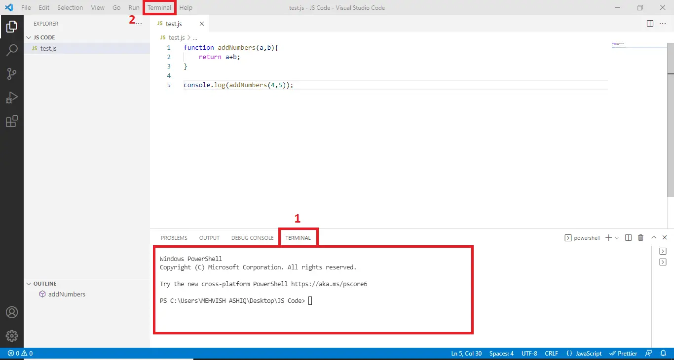 如何在 Visual Studio 程式碼中執行 javascript 程式碼 - 終端