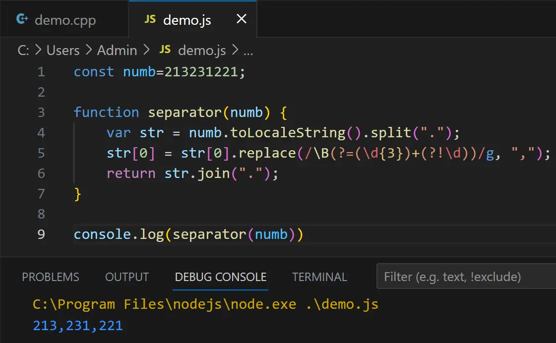 javascript format number with commas using regex