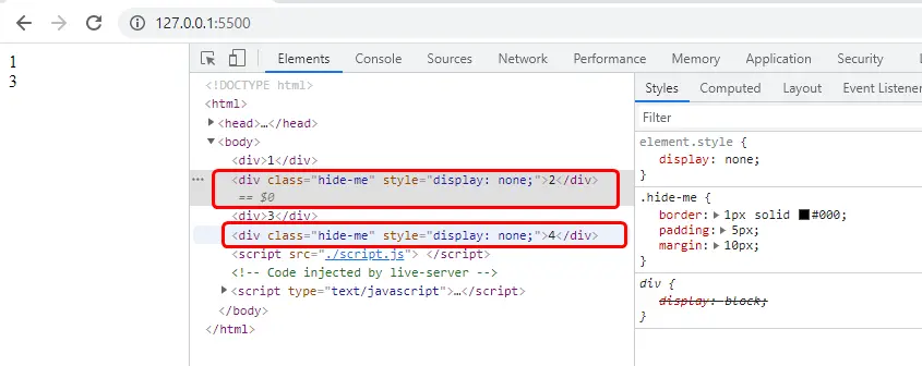 javascript hide element by using display properties