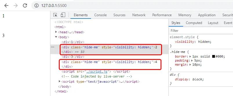 javascript hide element by using visibility properties