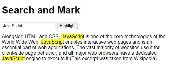 JS After Highlighting Text Using the Mark Tag Example