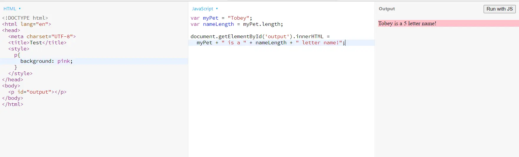 user defined js variable in html