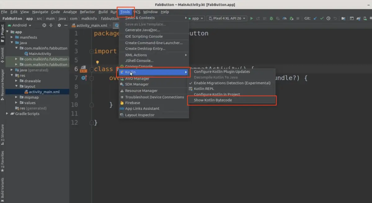 converting a Kotlin file to a Java file using Android Studio