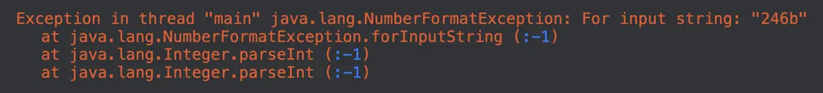変換できない文字列を int に変換すると NumberFormatException がスローされる