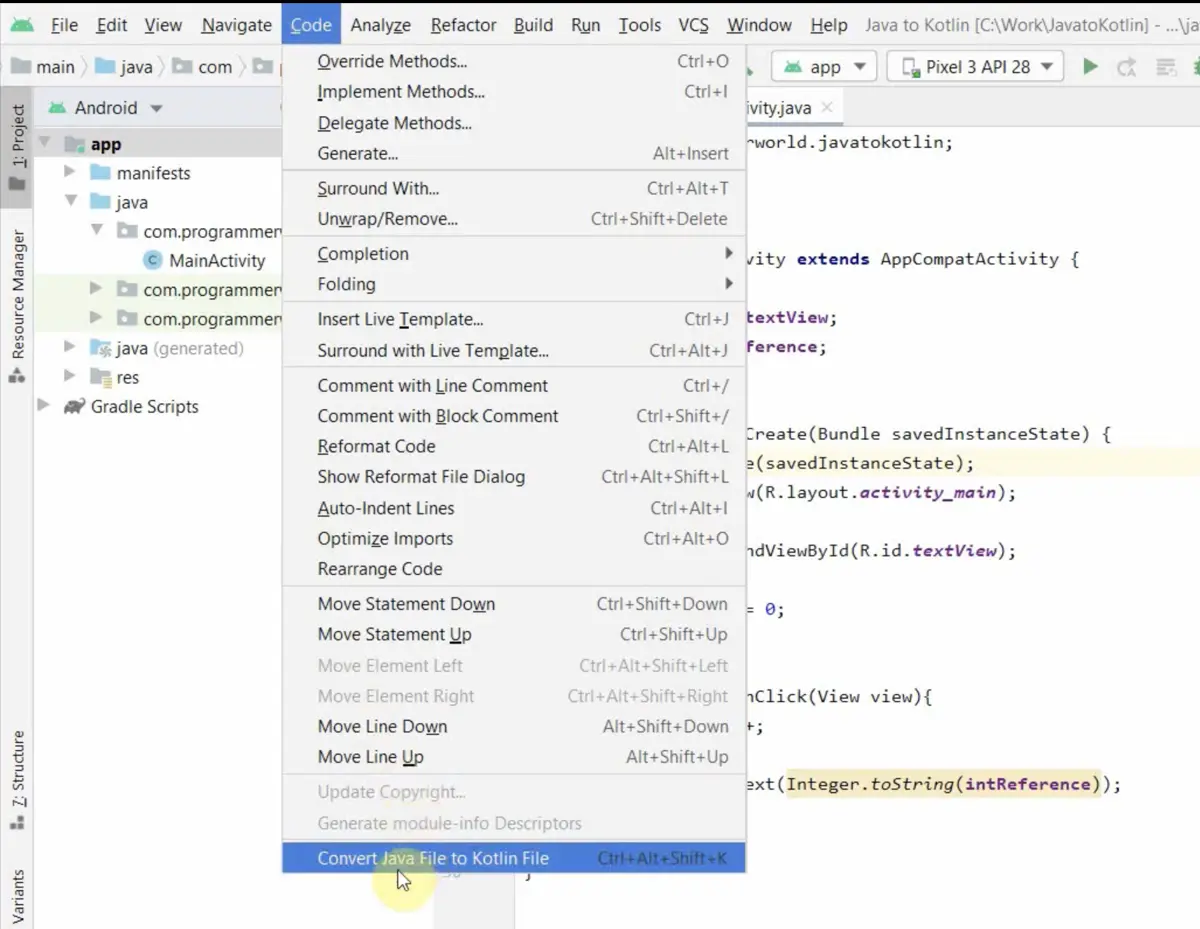 Navigation zum Konvertieren von Java-Dateien in Kotlin