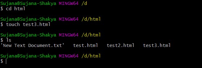 create html files using the touch command and view the folder using the ls command