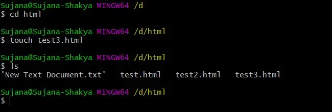 create html files using the touch command and view the folder using the ls command