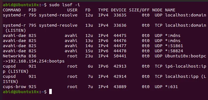 Using the lsof-i command to list all internet files