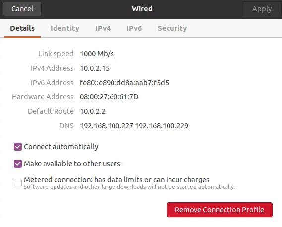 linux 嚮導上的有線詳細資訊