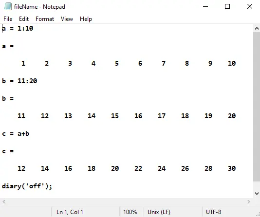 save command window content using diary command in matlab