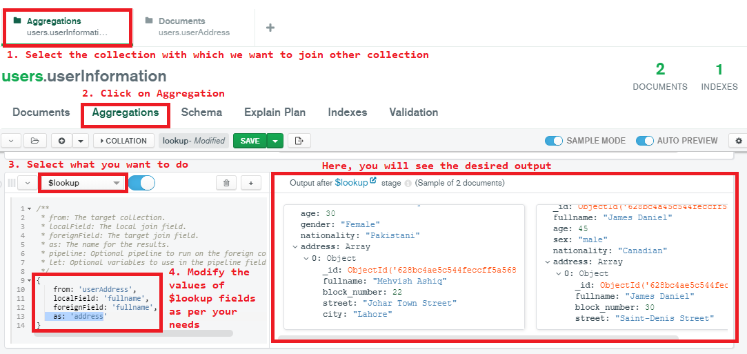 combine two collections into one collection using mongodb - compass add lookup stage