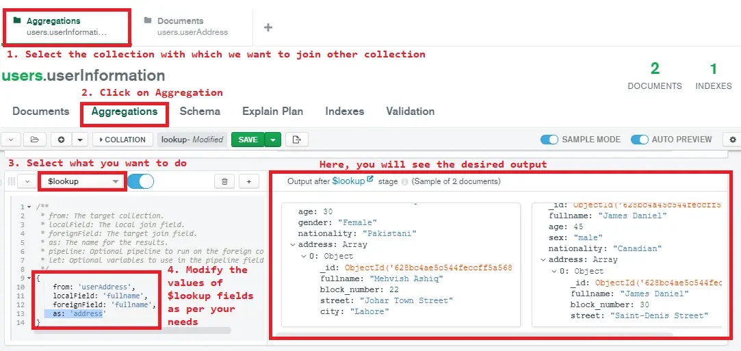 combine dos colecciones en una colección usando mongodb - compass add lookup stage