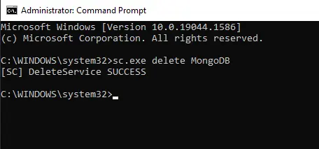 uninstall mongodb in command prompt