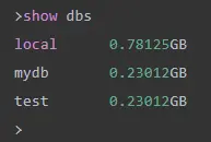アクセス可能なデータベースを一覧表示するには、show dbs コマンドを使用します