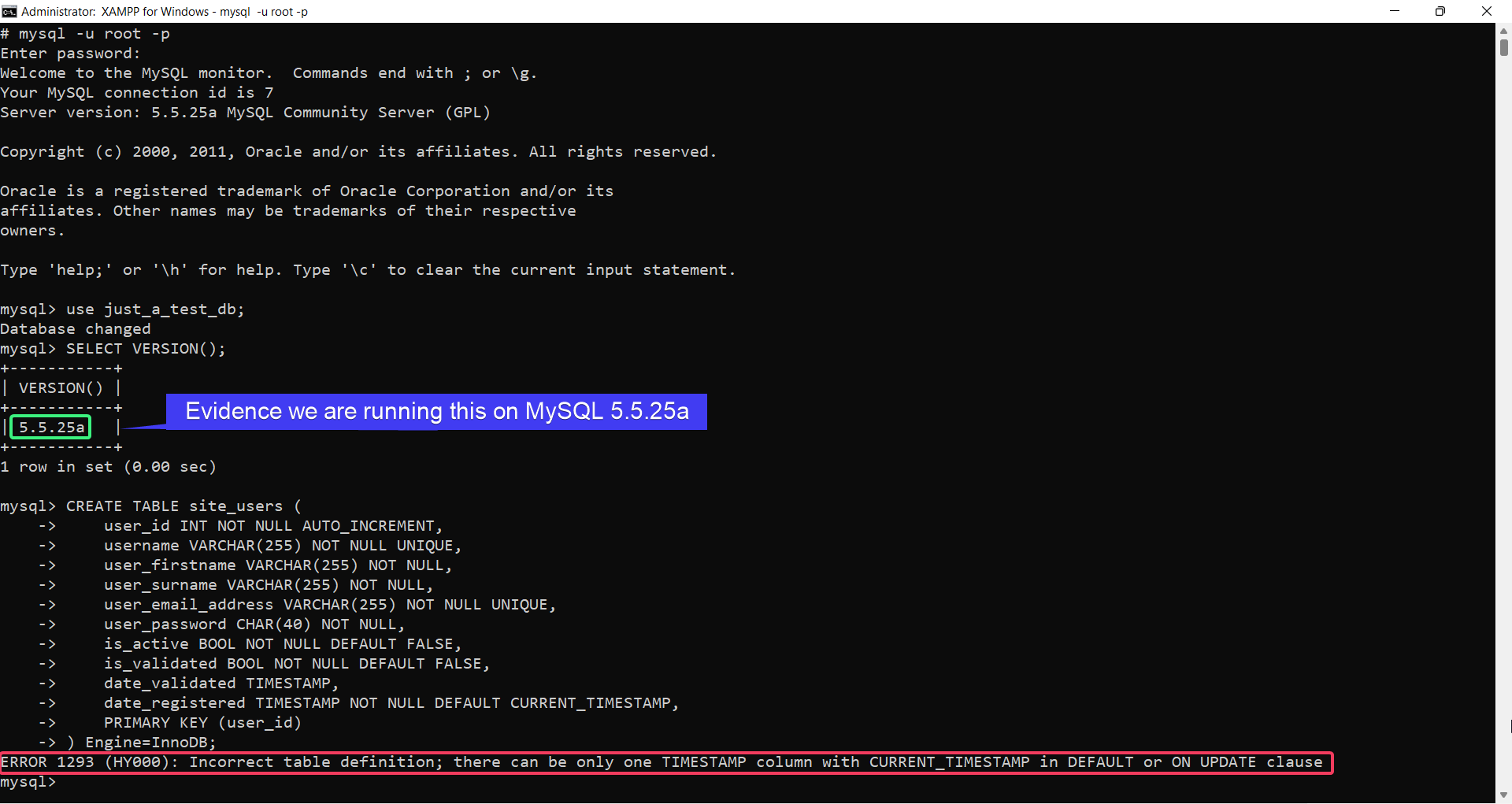 MySQL Error 1293 in MySQL 5.5.25a