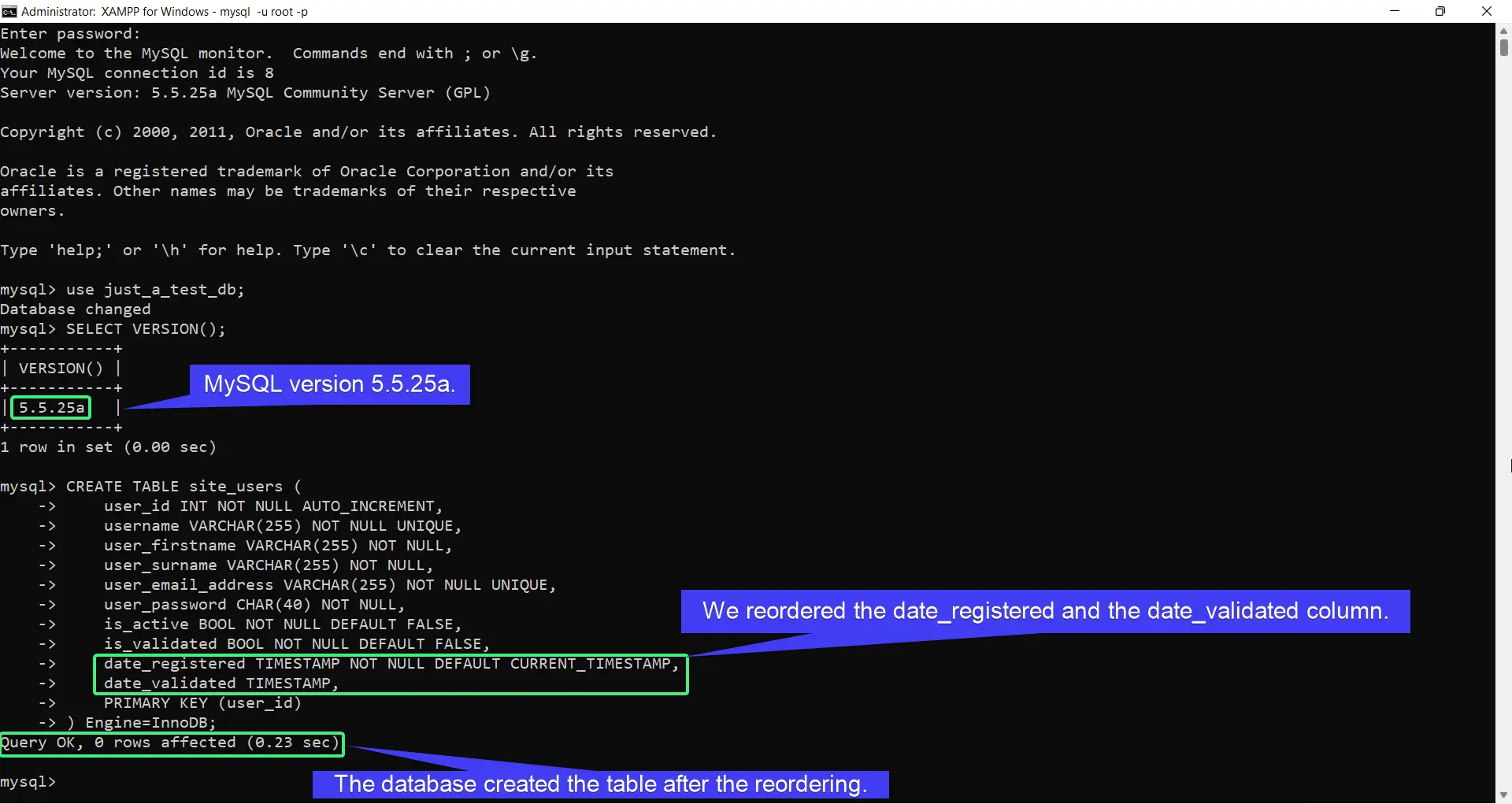 Tabla de base de datos creada con éxito después de reordenar las columnas de la tabla