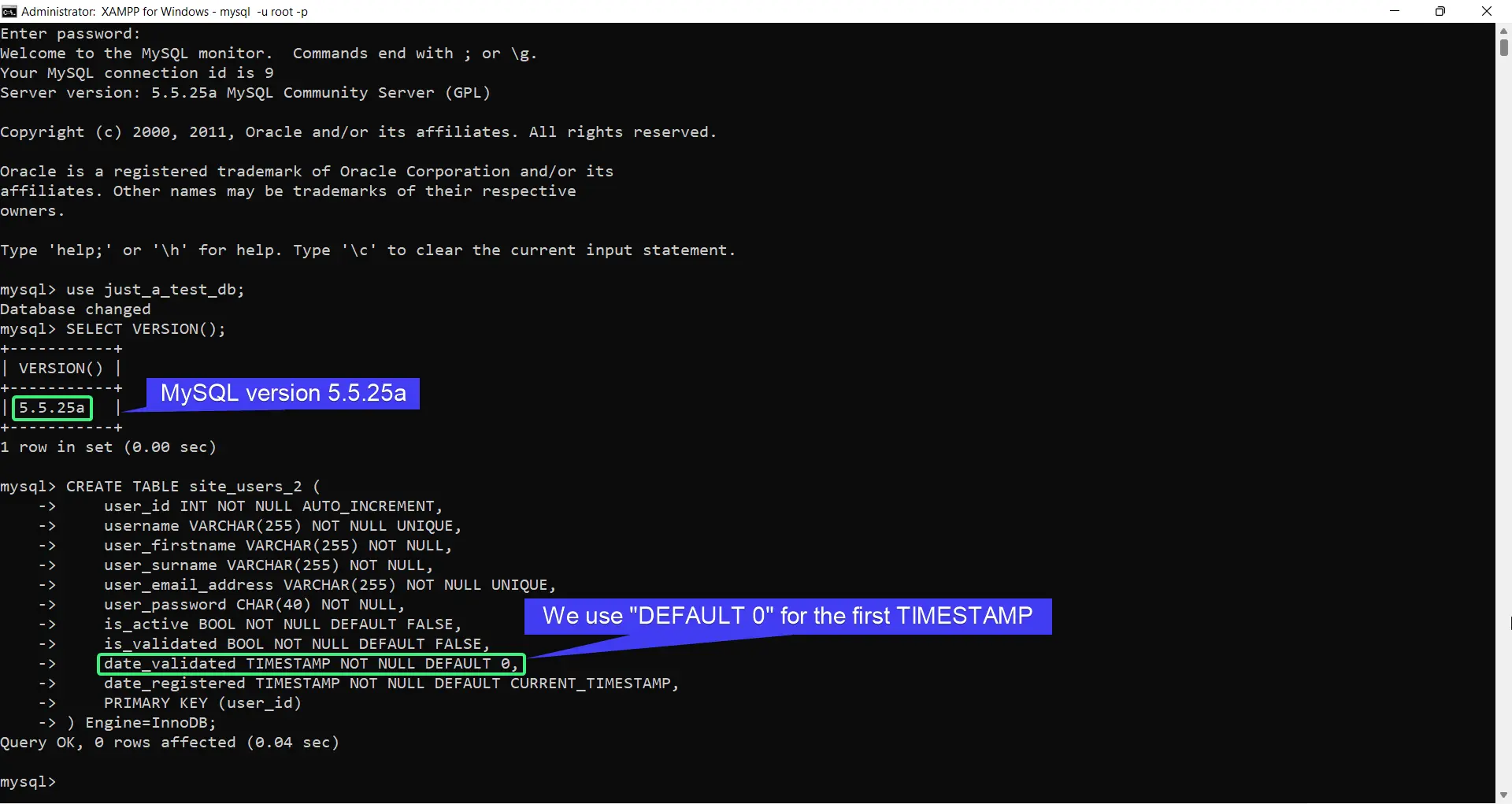 Using DEFAULT 0 on a TIMESTAMP column in MySQL 5.5.25a