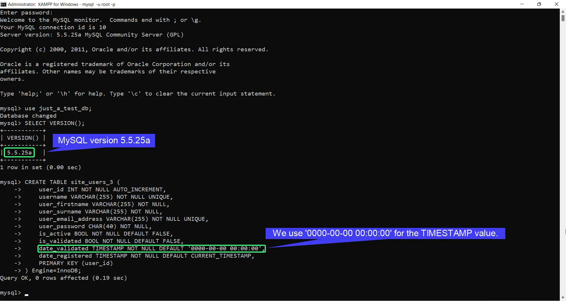 Usando un valor de tiempo para una columna TIMESTAMP en MySQL 5.5.25a