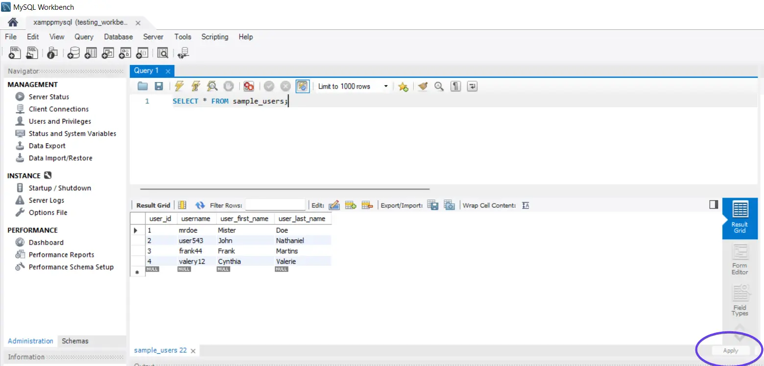 Eine deaktivierte Apply-Schaltfläche in einer Datenbanktabelle in MySQL Workbench 8.0 Community Edition