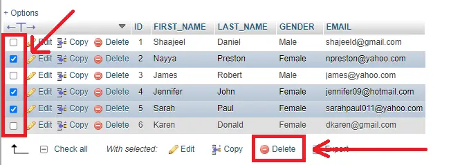 best way to delete all rows in mysql database using phpmyadmin - delete multiple rows in phpmyadmin