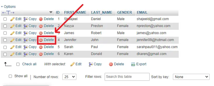best way to delete all rows in mysql database using phpmyadmin - delete one row in phpmyadmin