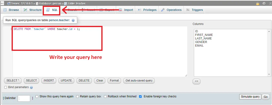 best way to delete all rows in mysql database using phpmyadmin - delete with sql query in phpmyadmin