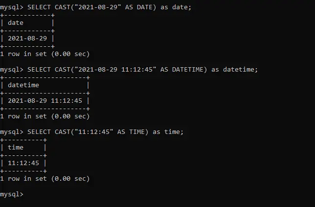 Konvertieren Sie die Zeichenfolge in das Datumsformat in mysql - Cast-Ausgabe