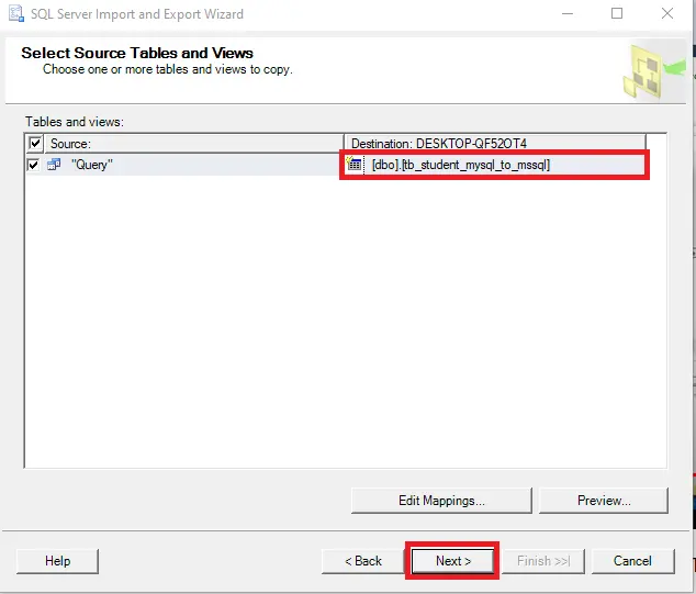 copy data from one database to another - destination table name in mssql server